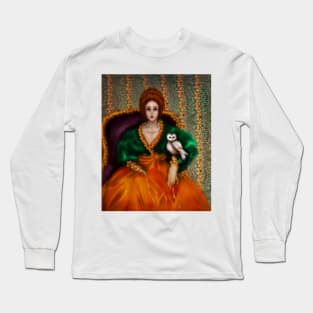 Red Hair Edwardian Princess William Morris Wall Paper Historical Fashion Owl on jeweled leash Long Sleeve T-Shirt